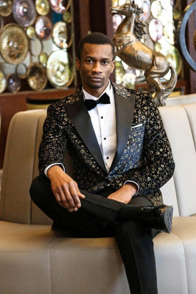 Mini Floral Pattern Black Men's Tuxedo Jacket - Wessi - 3