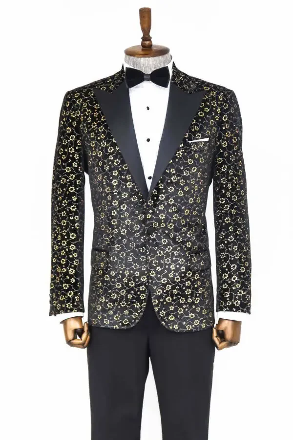 Mini Floral Pattern Black Men's Tuxedo Jacket - Wessi - 5