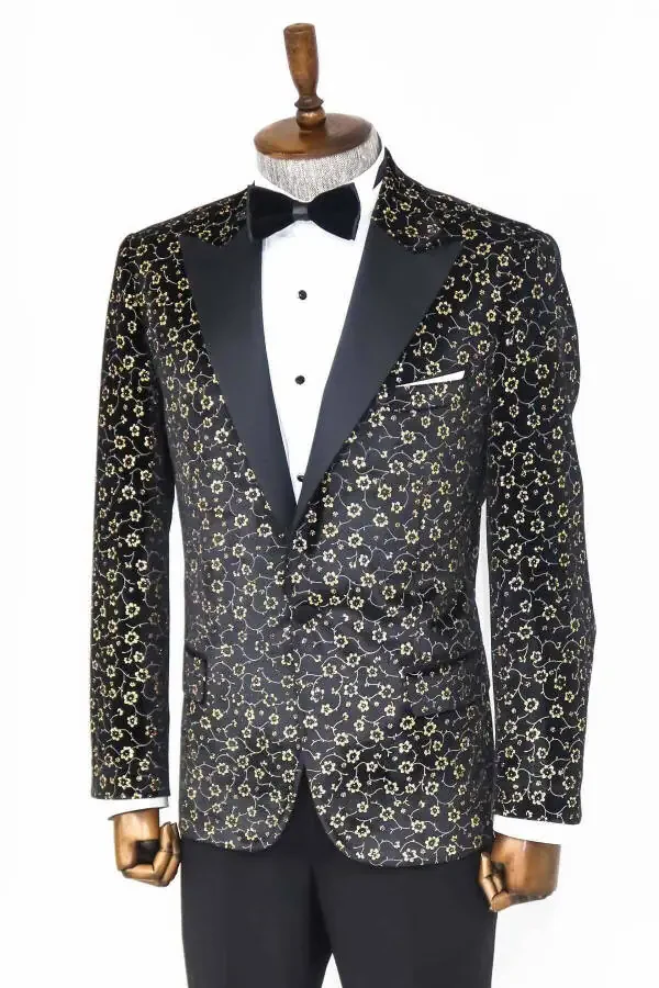 Mini Floral Pattern Black Men's Tuxedo Jacket - Wessi - 6