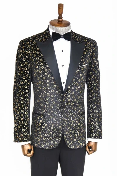 Mini Floral Pattern Black Men's Tuxedo Jacket - Wessi - 7