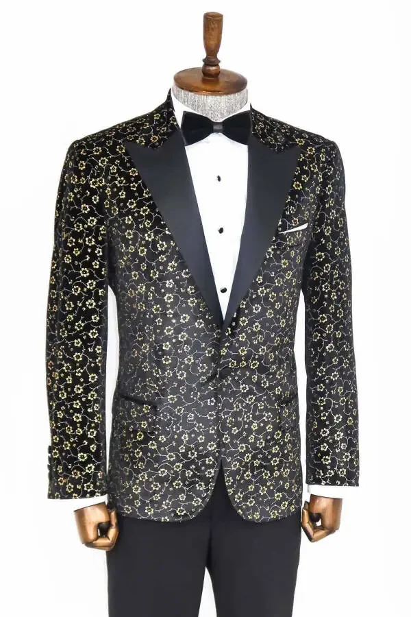 Mini Floral Pattern Black Men's Tuxedo Jacket - Wessi - 7