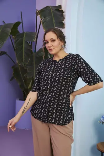 Mini Floral Print Plus Size Black Shirt - BÜYÜKBEDENIZ (1)