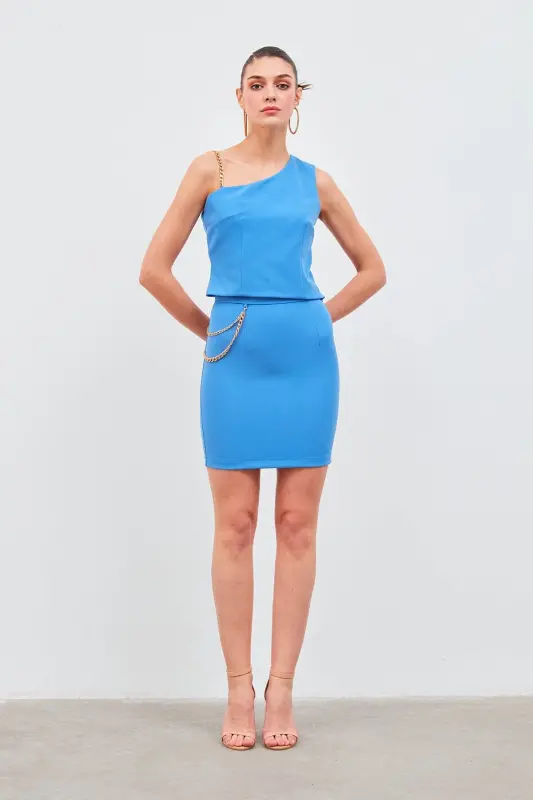 Мини-юбка с цепочкой - Саксовый синий - SATEEN