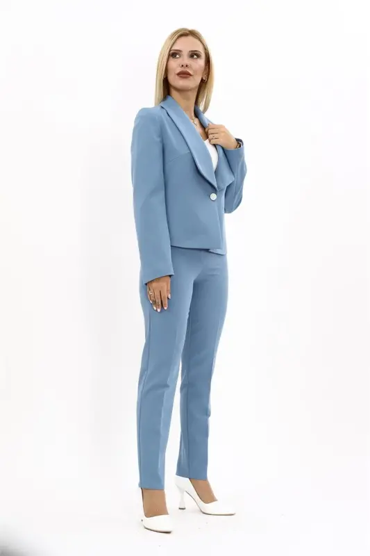 Mini Jacket & Wide Leg Pants Set - Light Blue - 3