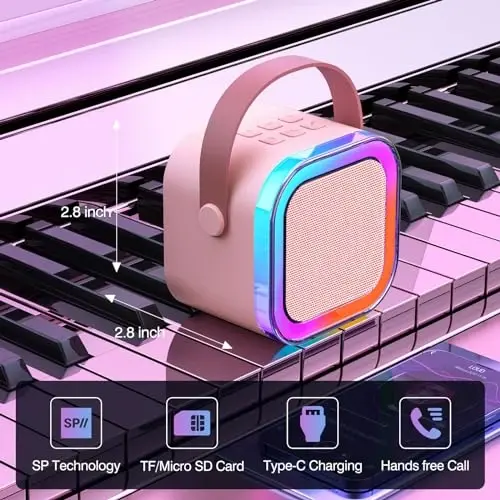 Мини-караоке для детей и взрослых, портативная Bluetooth-колонка для караоке с 2 беспроводными микрофонами и цветными светодиодными лампами, домашняя вечеринка на день рождения для девочек/мальчиков в возрасте 4, 5, 6, 7, 8, 9, 10, 11, 12+, розовый - 3