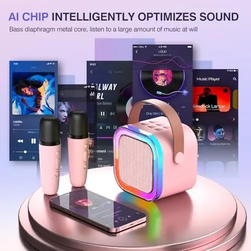Мини-караоке для детей и взрослых, портативная Bluetooth-колонка для караоке с 2 беспроводными микрофонами и цветными светодиодными лампами, домашняя вечеринка на день рождения для девочек/мальчиков в возрасте 4, 5, 6, 7, 8, 9, 10, 11, 12+, розовый - 4