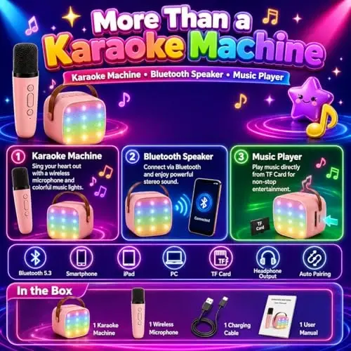 Mini Karaoke Machine for Kids & Adult, 4-12 Years Old Girls Christmas Birthday Gift, Karaoke Toys Gifts for Girls Ages 4, 5, 6, 7, 8, 9, 10, 12 +Year Old Birthday Party Pink - 4