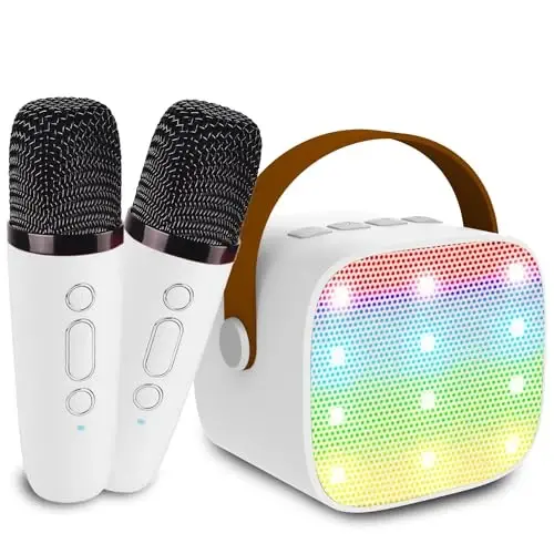 Mini Karaoke Machine for Kids & Adults, Kids Toys for Girls & Boys Gifts, Bluetooth Speaker with 2 Wireless Microphone for Kids Adults Toddler Girls Home Party Birthday Gifts White - 1