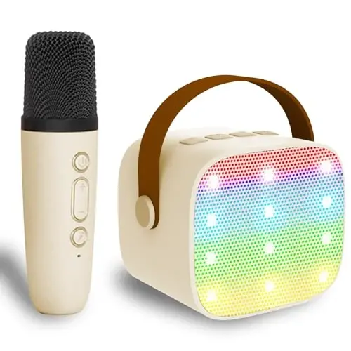 Mini Karaoke Machine for Kids Adults, Mini Portable Bluetooth Karaoke Speaker with 1 Wireless Mics and LED Lights for Kids Adults, Christmas Birthday Gifts Toys for Girls Boys Family Home Party 