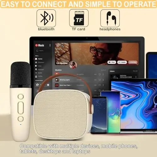 Mini Karaoke Machine for Kids Adults, Mini Portable Bluetooth Karaoke Speaker with 1 Wireless Mics and LED Lights for Kids Adults, Christmas Birthday Gifts Toys for Girls Boys Family Home Party - 4
