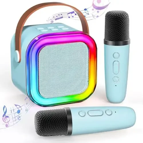 Mini Karaoke Machine for Kids Adults, Portable Bluetooth Karaoke Speaker with 2 Wireless Mics and LED Color Lights, Home Birthday Party for Girls/Boys Ages 3, 4, 5, 6, 7, 8, 9, 10,11+ Year Old, Beige - TAEMVV