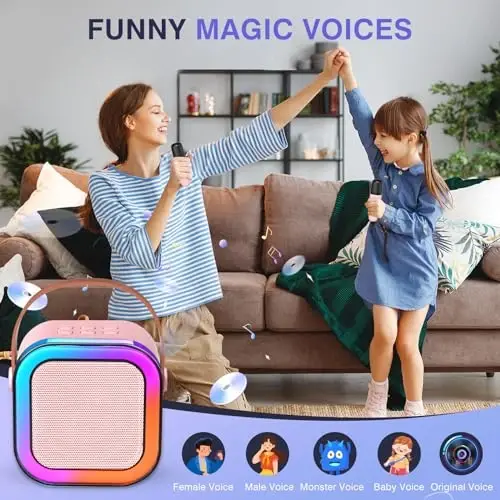 Mini Karaoke Machine for Kids Adults, Portable Bluetooth Karaoke Speaker with 2 Wireless Mics and LED Color Lights, Home Birthday Party for Girls/Boys Ages 4, 5, 6, 7, 8, 9, 10, 11, 12+, Pink - 1