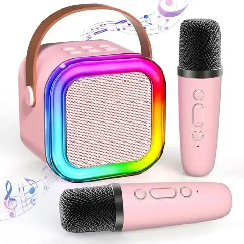 Mini Karaoke Machine for Kids Adults, Portable Bluetooth Karaoke Speaker with 2 Wireless Mics and LED Color Lights, Home Birthday Party for Girls/Boys Ages 4, 5, 6, 7, 8, 9, 10, 11, 12+, Pink - TAEMVV (1)