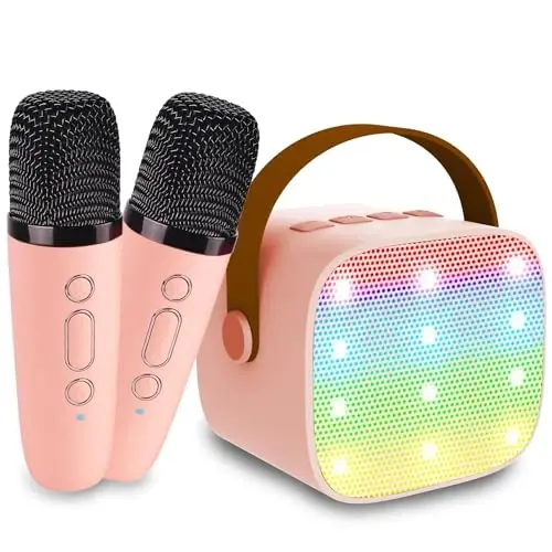 Mini Karaoke Machine for Kids Age 4-12, Bluetooth Speaker with 2 Wireless Microphone & LED Lights, Christmas Birthday Gifts for Girls Boys Kids Adults - 1