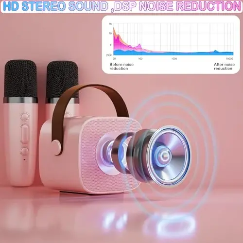 Mini Karaoke Machine for Kids Age 4-12, Bluetooth Speaker with 2 Wireless Microphone & LED Lights, Christmas Birthday Gifts for Girls Boys Kids Adults - 3