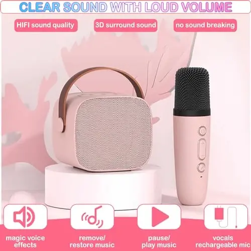 Mini Karaoke Machine for Kids Age 4-12, Bluetooth Speaker with 2 Wireless Microphone & LED Lights, Christmas Birthday Gifts for Girls Boys Kids Adults - 5