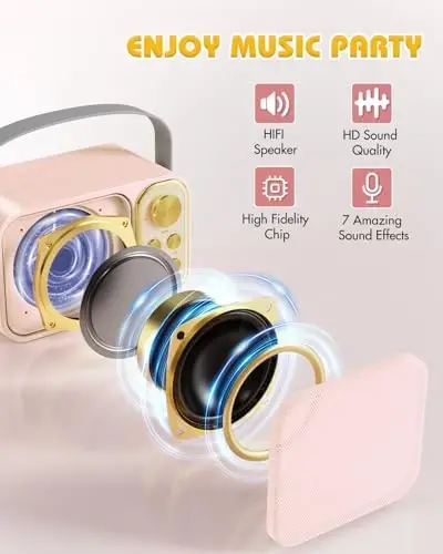 Mini Karaoke Machine for Kids with 2 Wireless Microphone, Portable Bluetooth Speaker, Kids Karaoke Machine to Sing Anywhere, for Girls, Ideal for Party, Birthday, Family Meeting - 3