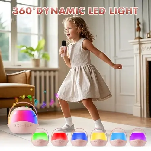 Mini Karaoke Machine Gifts for Kids Adults, Portable Karaoke Speaker with 2 Wireless Microphones, Kids Microphone with Speaker and LED Light, Birthday Gifts for Girls Boys 3-12+ Year Old (Pinkcolor) - 5