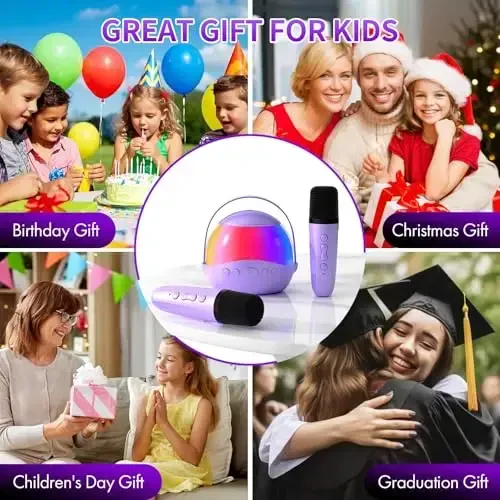 Mini Karaoke Machine Gifts for Kids Adults, Portable Karaoke Speaker with 2 Wireless Microphones, Kids Microphone with Speaker and LED Light, Birthday Gifts for Girls Boys 3-12+ Year Old (Purple) - 3