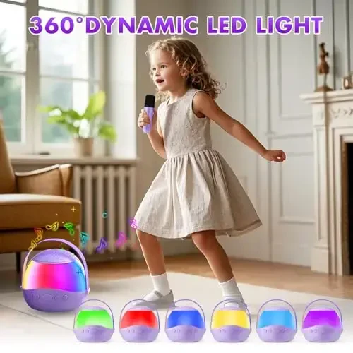 Mini Karaoke Machine Gifts for Kids Adults, Portable Karaoke Speaker with 2 Wireless Microphones, Kids Microphone with Speaker and LED Light, Birthday Gifts for Girls Boys 3-12+ Year Old (Purple) - 5