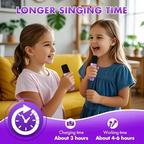 Mini Karaoke Machine Gifts for Kids Adults, Portable Karaoke Speaker with 2 Wireless Microphones, Kids Microphone with Speaker and LED Light, Birthday Gifts for Girls Boys 3-12+ Year Old (Purple) - 6