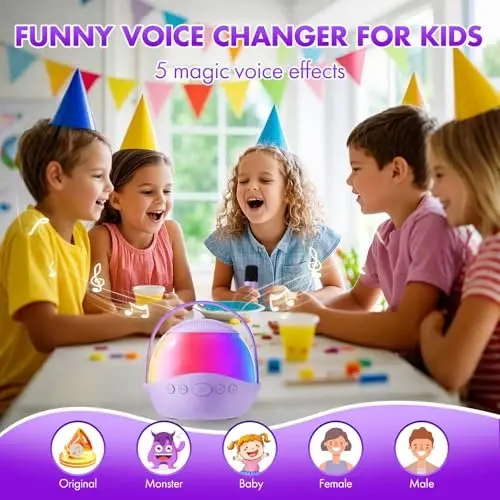 Mini Karaoke Machine Gifts for Kids Adults, Portable Karaoke Speaker with 2 Wireless Microphones, Kids Microphone with Speaker and LED Light, Birthday Gifts for Girls Boys 3-12+ Year Old (Purple) - 4