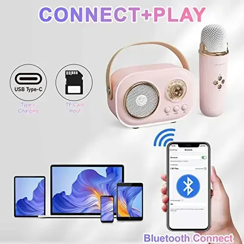 Mini Karaoke Machine, Karaoke Machine for Kids and Adults, Cute Karaoke with Microphone Set, Portable Bluetooth Speaker with Microphone, Retro Handheld Style for Family Party Meeting Singing (Pink) - 4