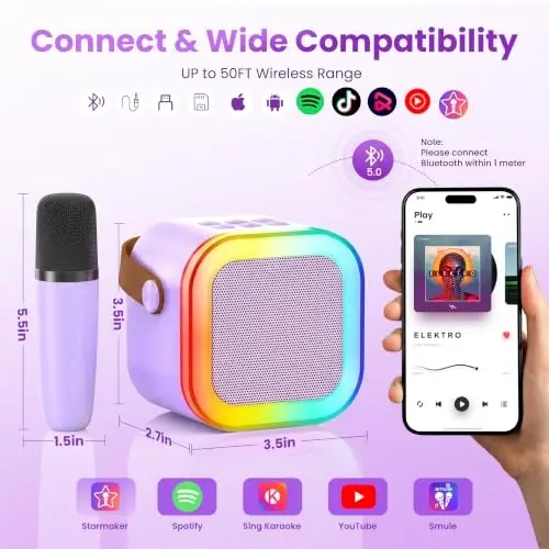 Mini Karaoke Machine, Portable Bluetooth Speaker & 2 Wireless Microphones | Karaoke Player Karaoke Microphone For Family Home Party Outdoor With HI-FI Sound | 5 Magic Sound | PA System | USB | TF | AUX - 5