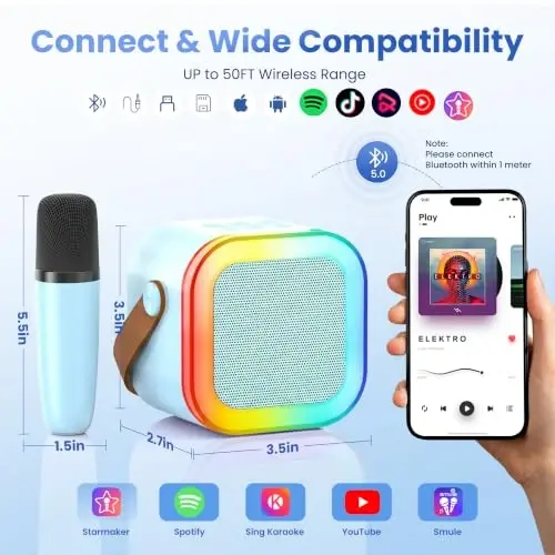 Mini Karaoke Machine, Portable Bluetooth Speaker & 2 Wireless Microphones | Karaoke Player Karaoke Microphone For Family Home Party Outdoor With HI-FI Sound | 5 Magic Sound | PA System | USB | TF | AUX - 5