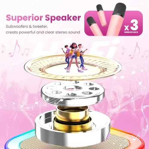 Mini Karaoke Machine, Portable Bluetooth Speaker & 3 Wireless Microphones | Karaoke Player Karaoke Microphone For Family Home Party Outdoor With HI-FI Sound | 5 Magic Sound | PA System | USB | TF | AUX - PESKI (1)