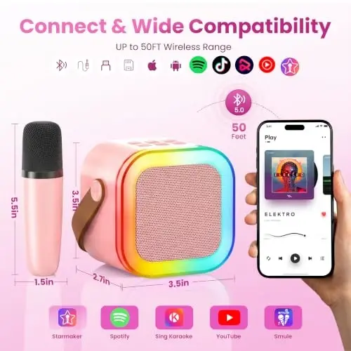 Mini Karaoke Machine, Portable Bluetooth Speaker & 3 Wireless Microphones | Karaoke Player Karaoke Microphone For Family Home Party Outdoor With HI-FI Sound | 5 Magic Sound | PA System | USB | TF | AUX - 4