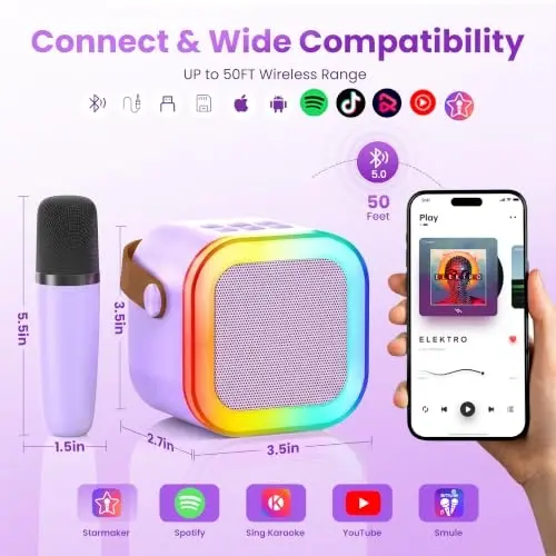 Mini Karaoke Machine, Portable Bluetooth Speaker & 3 Wireless Microphones | Karaoke Player Karaoke Microphone For Family Home Party Outdoor With HI-FI Sound | 5 Magic Sound | PA System | USB | TF | AUX - 5