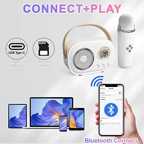 Mini Karaoke Machine,Karaoke Machine for Kids and Adults,Cute Karaoke with Microphone Set,Portable Bluetooth Speaker with Microphone,Retro Handheld Style for Family Party Meeting Singing (White) - 4