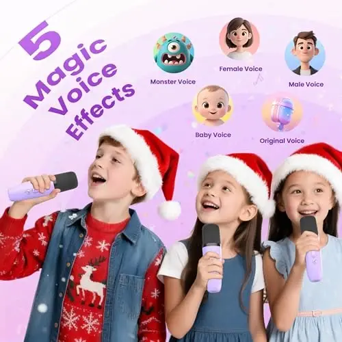 Mini Karaoke Mashinasi, Portativ Bluetooth Karnay va 3 ta Simsiz Mikrofon | Oila, Uy va Ochiq Havo Ziyofatlari uchun HI-FI Ovozli Karaoke Pleyeri | 5 Sehrli Ovoz | PA Tizimi | USB | TF | AUX - 3