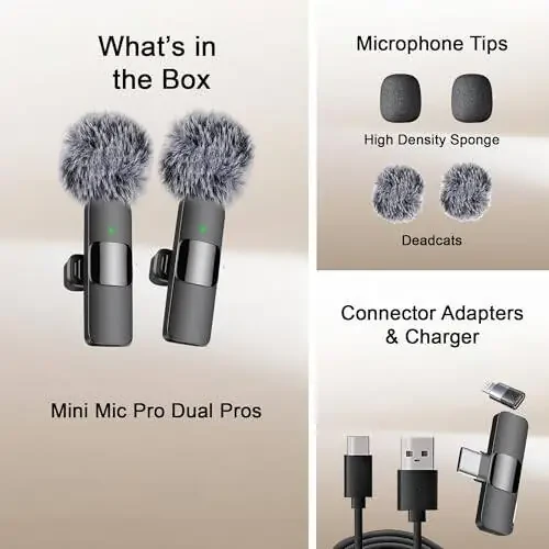 Mini Mic Pro Wireless Microphone for iPhone, iPad, Android, Lavalier Microphone for Video Recording - 2 Pack iPhone Mic Crystal Clear Recording with USB-C for Podcast Microphone, ASMR, TikTok - 2