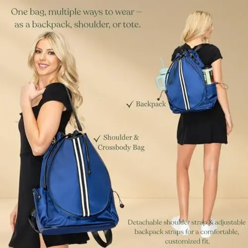 Mini Momo Women's Tennis Racket Tote, Stylish Backpack - Unisex Racquet Sports Pickleball Bag, Convertible Shoulder and Crossbody Strap with Large Compartment - 5