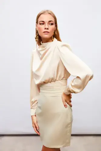 Mini Satin Skirt with Waist Detail - BEIGE - 5