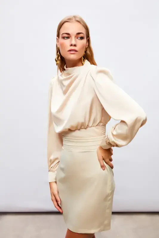 Mini Satin Skirt with Waist Detail - BEIGE - 5