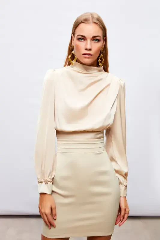 Mini Satin Skirt with Waist Detail - BEIGE - 6