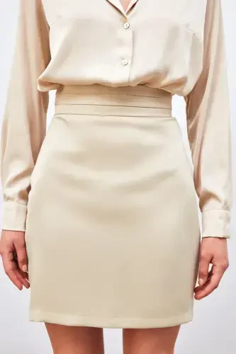 Mini Satin Skirt with Waist Detail - BEIGE - 7