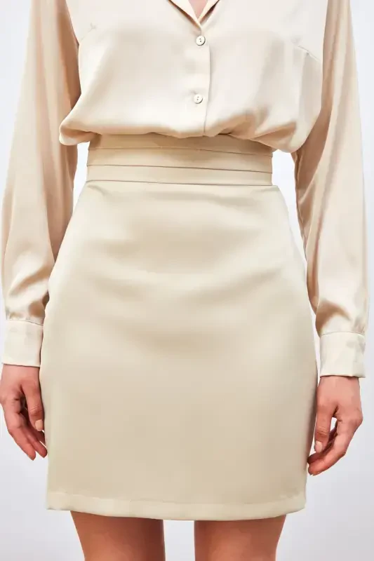 Mini Satin Skirt with Waist Detail - BEIGE - 7