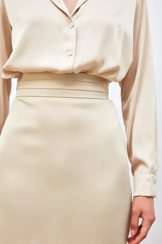 Mini Satin Skirt with Waist Detail - BEIGE - 8