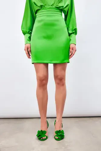 Mini Satin Skirt with Waist Detail - LIGHT GREEN - 4