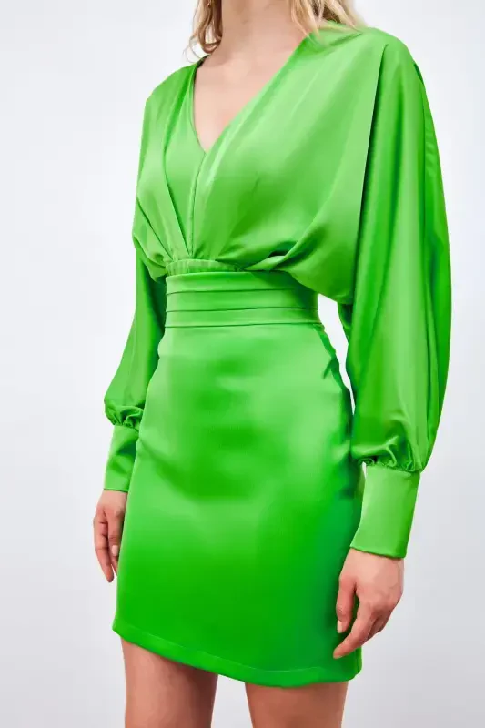 Mini Satin Skirt with Waist Detail - LIGHT GREEN - 5