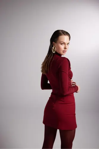 Mini Size Slit Detailed Panky Skirt Burgundy-Burgundy 