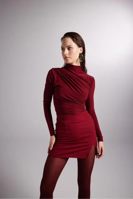 Mini Size Slit Detailed Panky Skirt Burgundy-Burgundy - 7