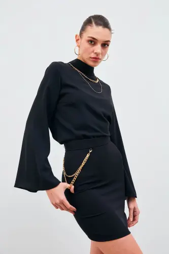 Mini Skirt with Chain Accessory - Black - SATEEN (1)