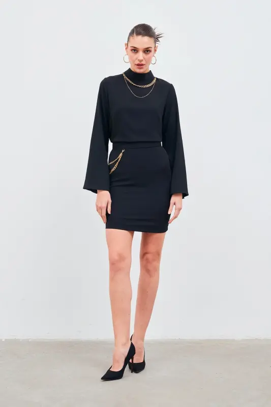 Mini Skirt with Chain Accessory - Black - 3