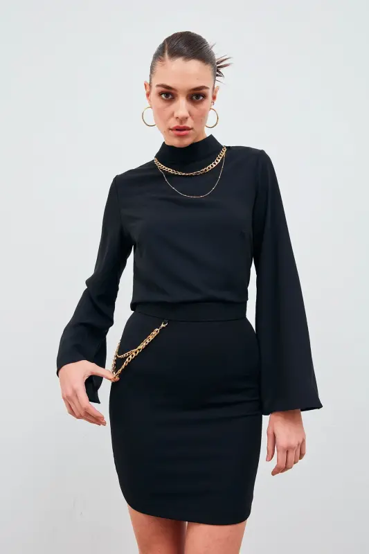 Mini Skirt with Chain Accessory - Black - 4