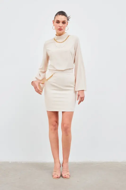 Mini Skirt with Chain Detail - Beige - 1